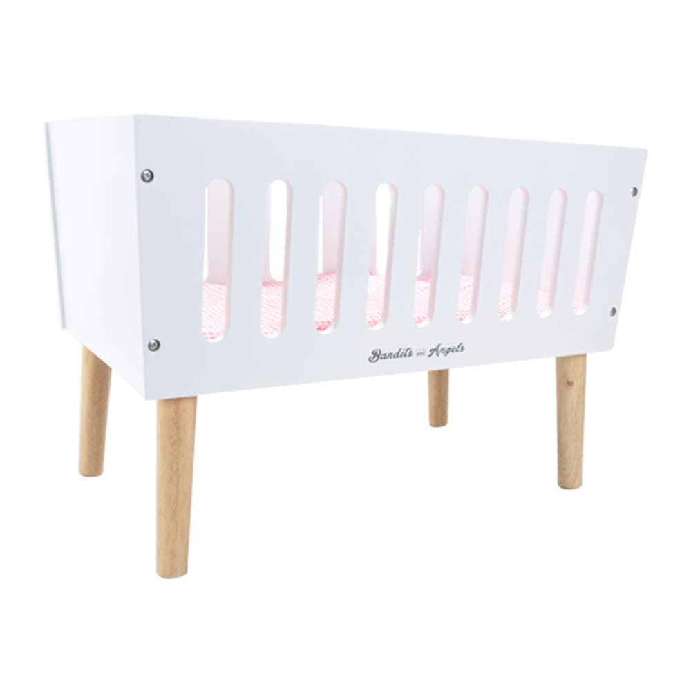 Bandits & Angels Holzpuppenbett Sweet Dreams weiß – Puppenbett aus Holz – geeignet für Puppen bis 46 cm – inklusive Decke – Puppenbett – Puppenmöbel