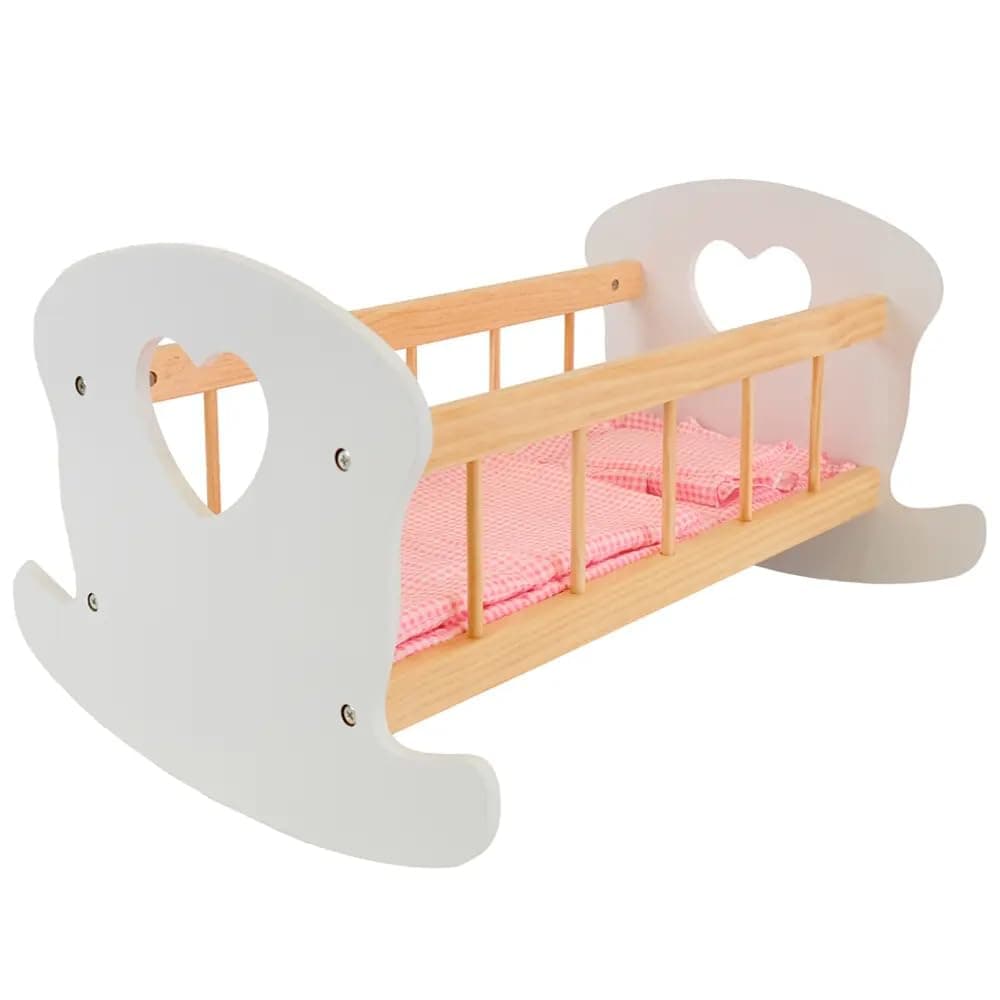 Bandits & Angels Puppenbett aus Holz, Sweet Dreams, weißes Holz mit Herz – geeignet für Puppen bis 46 cm – inklusive Decke – Puppenmöbel