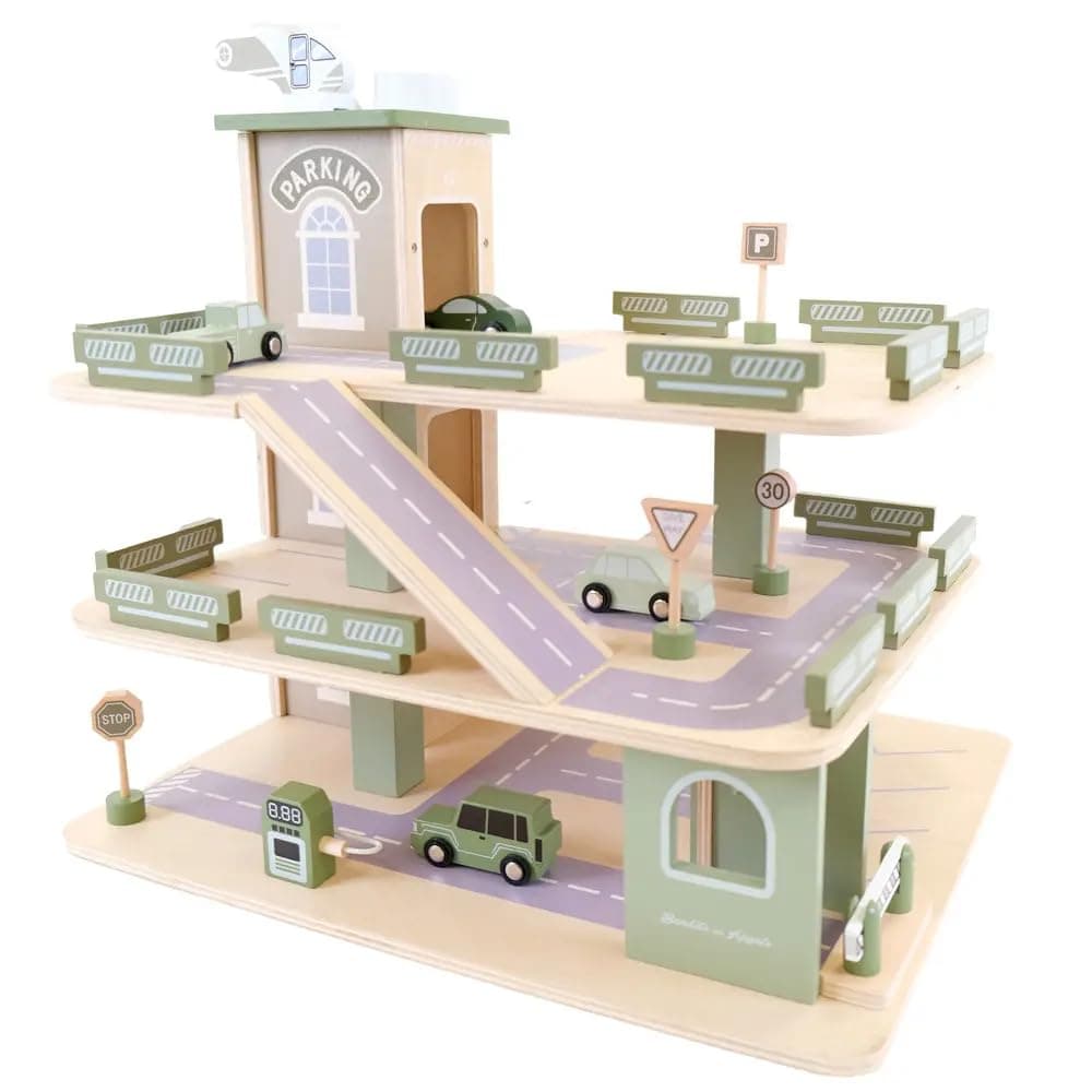Bandits & Angels Holzspielzeuggarage Bandits Parkerlebnis mit 3 Etagen und Aufzug – inklusive 4 Autos – Spielzeugautogarage aus Holz – Retro-Grün