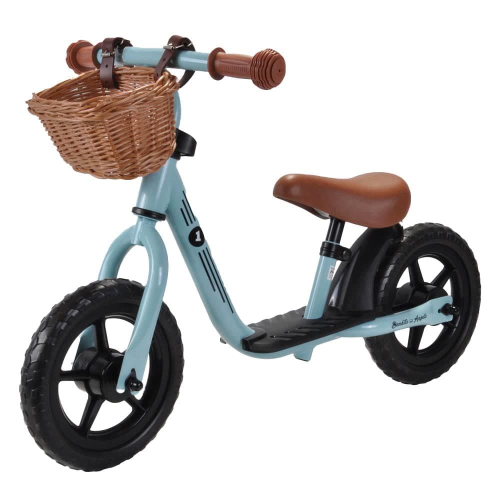 Bandits & Angels Laufrad aus Metall mit Weidenkorb Vintage blau ab 2 Jahren – Lauflernrad – Verstellbarer Sattel 29 bis 39 cm – für Jungen und Mädchen – niedriger Einstieg mit Trittbrett