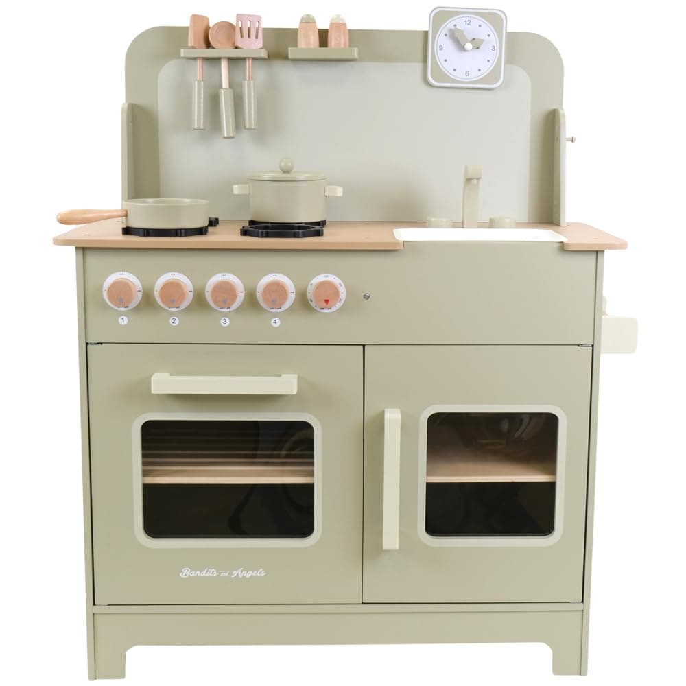 Bandits & Angels Holz Kinderküche Chef Deluxe ab 3 Jahren für Jungen und Mädchen – Thekenhöhe 59 cm – inkl. 9 Zubehörteile – Kinderküche – Küche aus Holz (Grün)