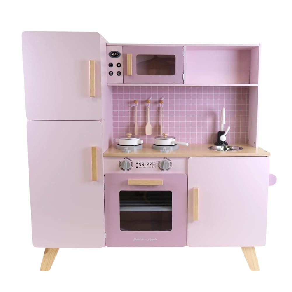 Bandits & Angels Holz-Kinderküche XL Modern Pink ab 3 Jahren – Thekenhöhe 52 cm – Inkl. 5 Zubehörteile - Für Mädchen - Kinderküche - Spielzeugküche - Rosa Spielküche