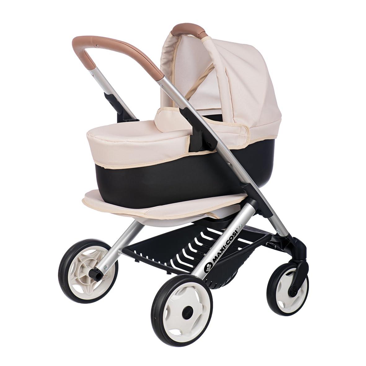 Smoby - Maxi-Cosi 3-in-1 Puppenwagen, Tragekorb + Buggy - für Puppen bis 42 cm (Nicht enthalten) - frei drehbare Vorderräder, Stauraumkorb - ab 3 Jahren - Stabiler Metallrahmen, produziert in Spanien