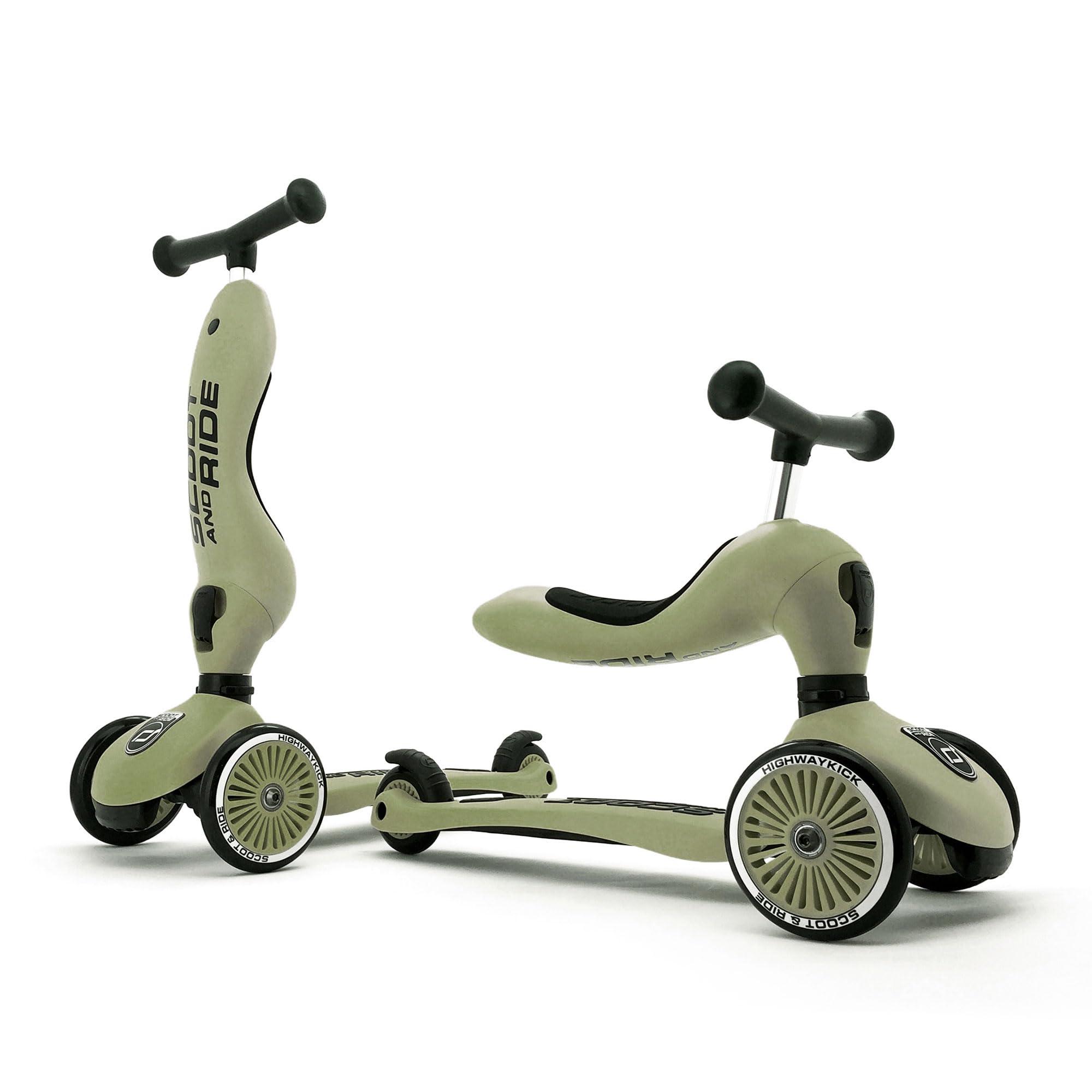 Scoot & Ride Highwaykick 1 Scooter mit Sitz 2in1 Kickboard mit Sitz höhenverstellbarer Sitz und Lenker (Olive)