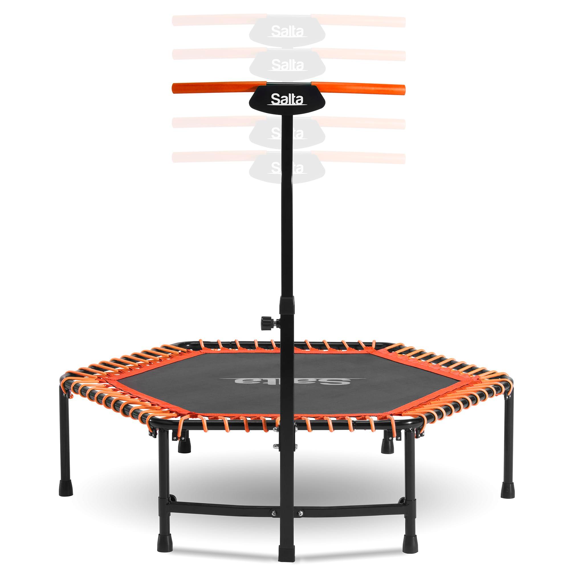 Salta Fitness - ø128cm - Indoor Trampolin - 5-Fach höhenverstellbarer Handgriff - Elastische Federung/Bungees, Solide Konstruktion - Sechseckig - 110 kg Belastbarkeit - Orange/Grün
