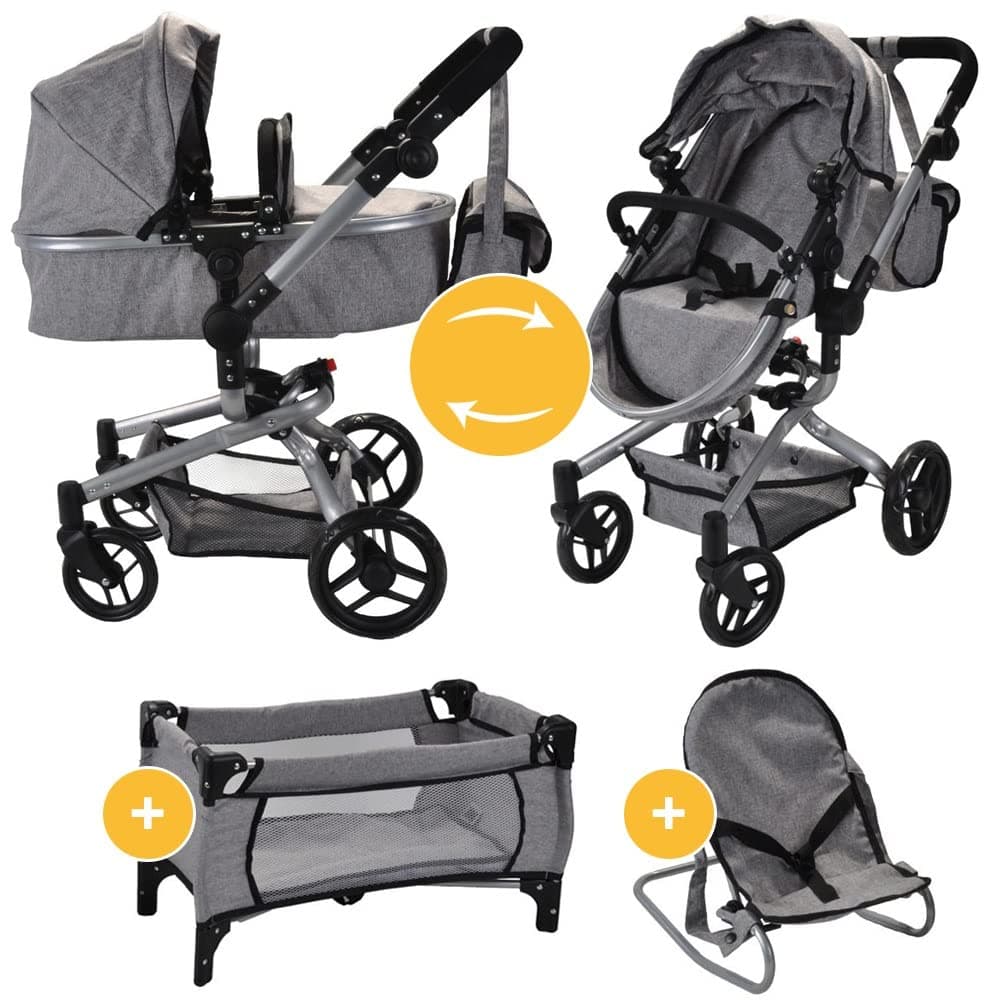 Bandits and Angels Modern Angel 4-in-1 Grey Megapack Puppenwagen ab 3 Jahren für Mädchen – Spielzeug-Kinderwagen, Buggy, Puppenbett und Wippe – Rollen – mit Wickeltasche – Grauer Puppenwagen