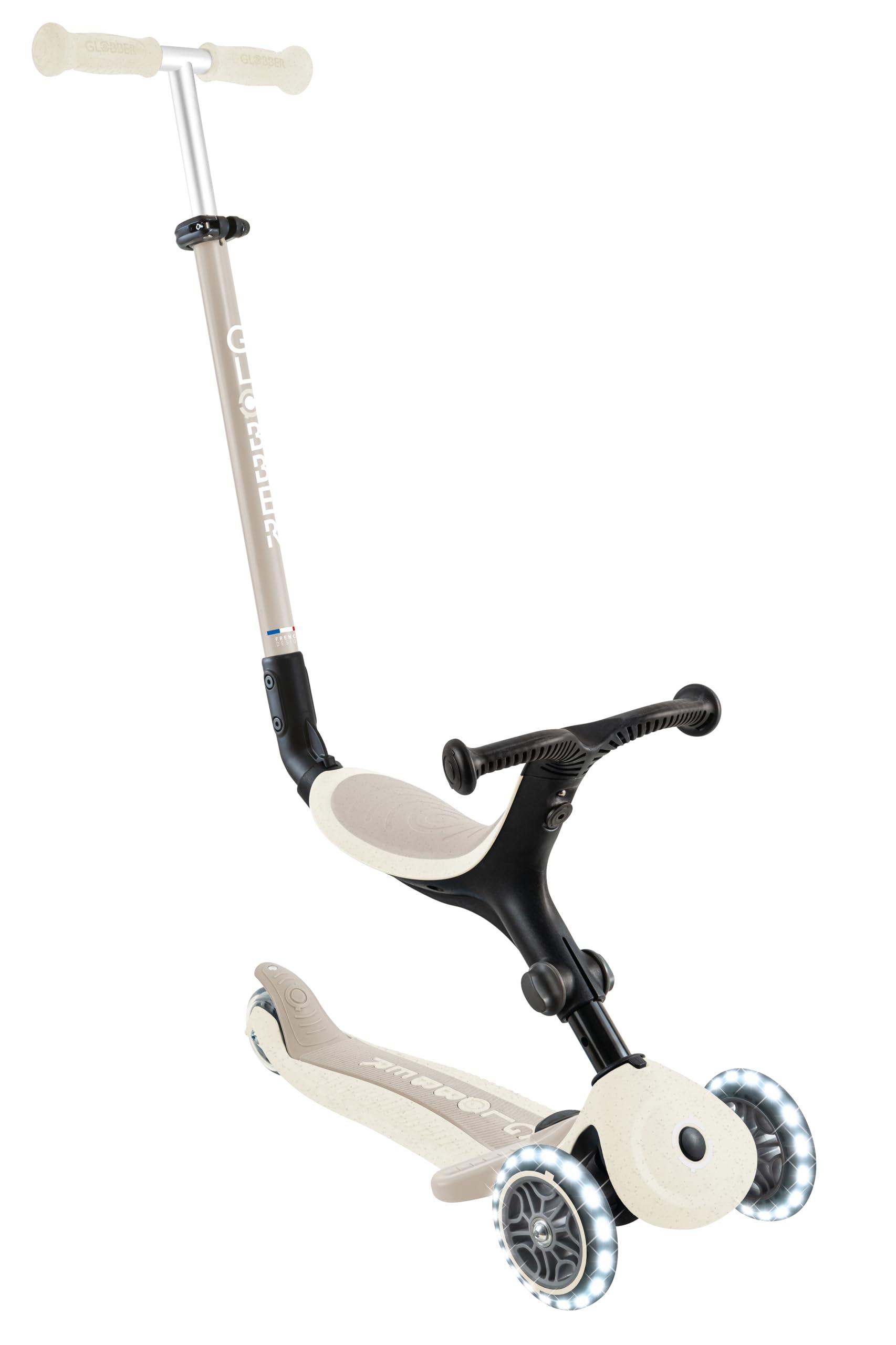 GLOBBER GO-UP Active Lights ECO – 3 in 1 Dreirad, Laufrad und Scooter, 120/80 mm, 3-rädrig, höhenverstellbar, kokos weiß