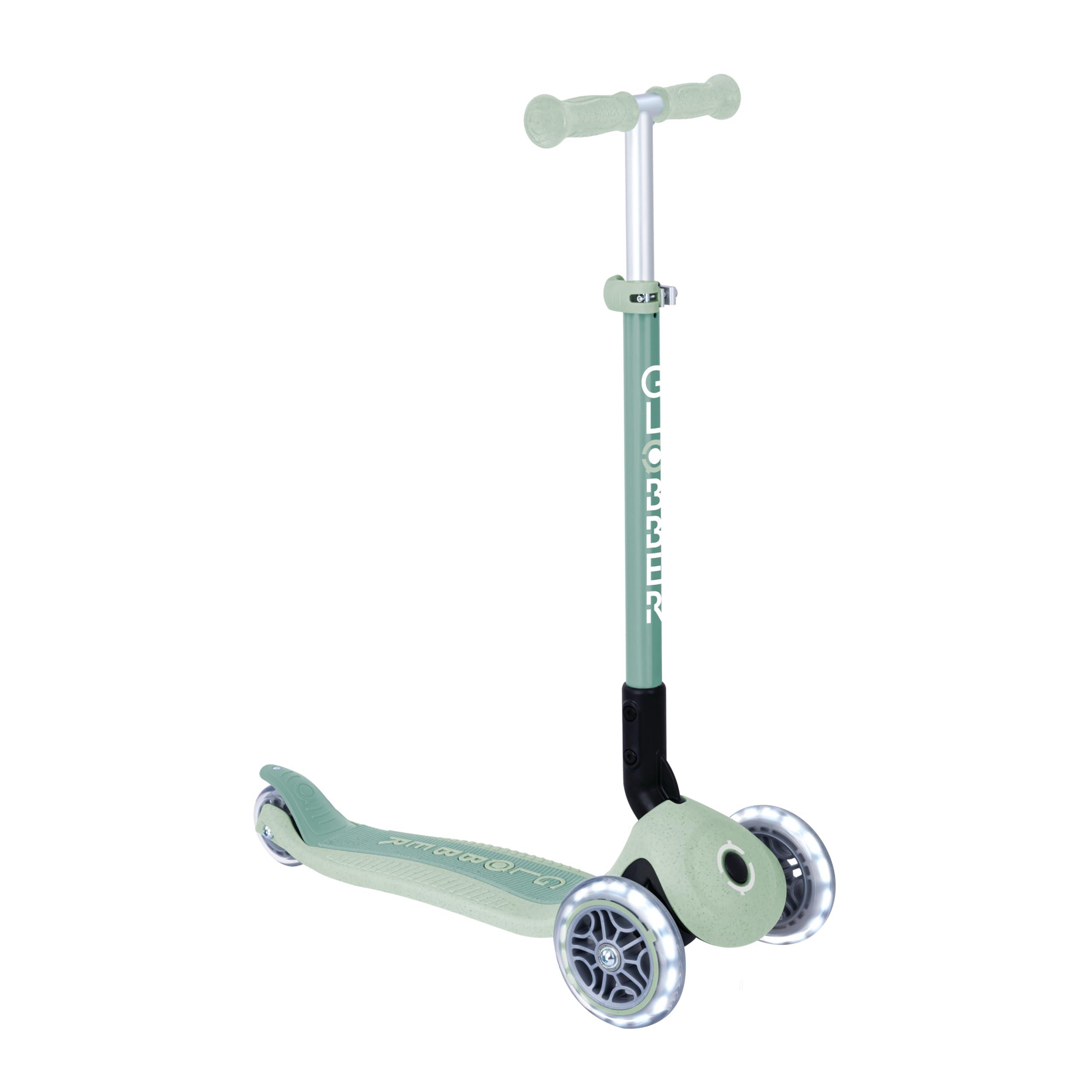 GLOBBER Primo Foldable Lights Eco Roller – Tretroller Kinder ab 3 Jahre - Scooter 120/80 mm - ABEC 5, 3-rädrig LED-Rollen– höhenverstellbar – Pistazie