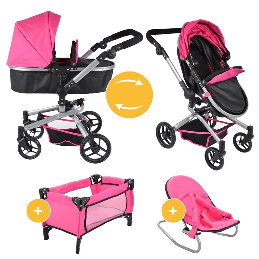 Bandits and Angels Black Angel 4-in-1 Megapack Puppenwagen ab 3 Jahren für Mädchen – Spielzeug Kinderwagen, Buggy, Puppenbett und Wippe – Rollen – Schwarz/Rosa Puppenwagen