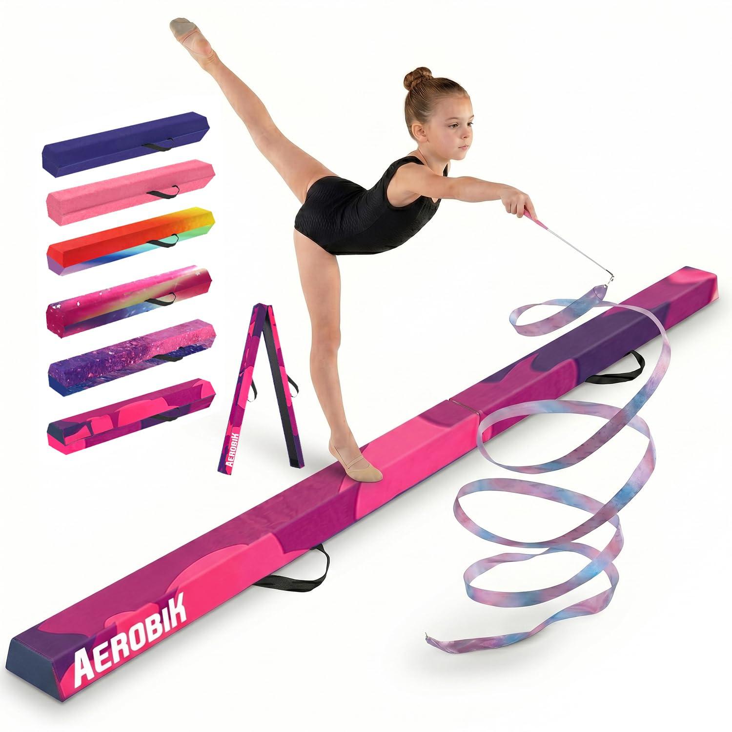 Aerobik | Klappbarer Schwebebalken 240 cm Violett | Stabil, rutschfest & Waschbar | Für Kinder & Erwachsene | Inklusive Gymnastikband | Original Corner