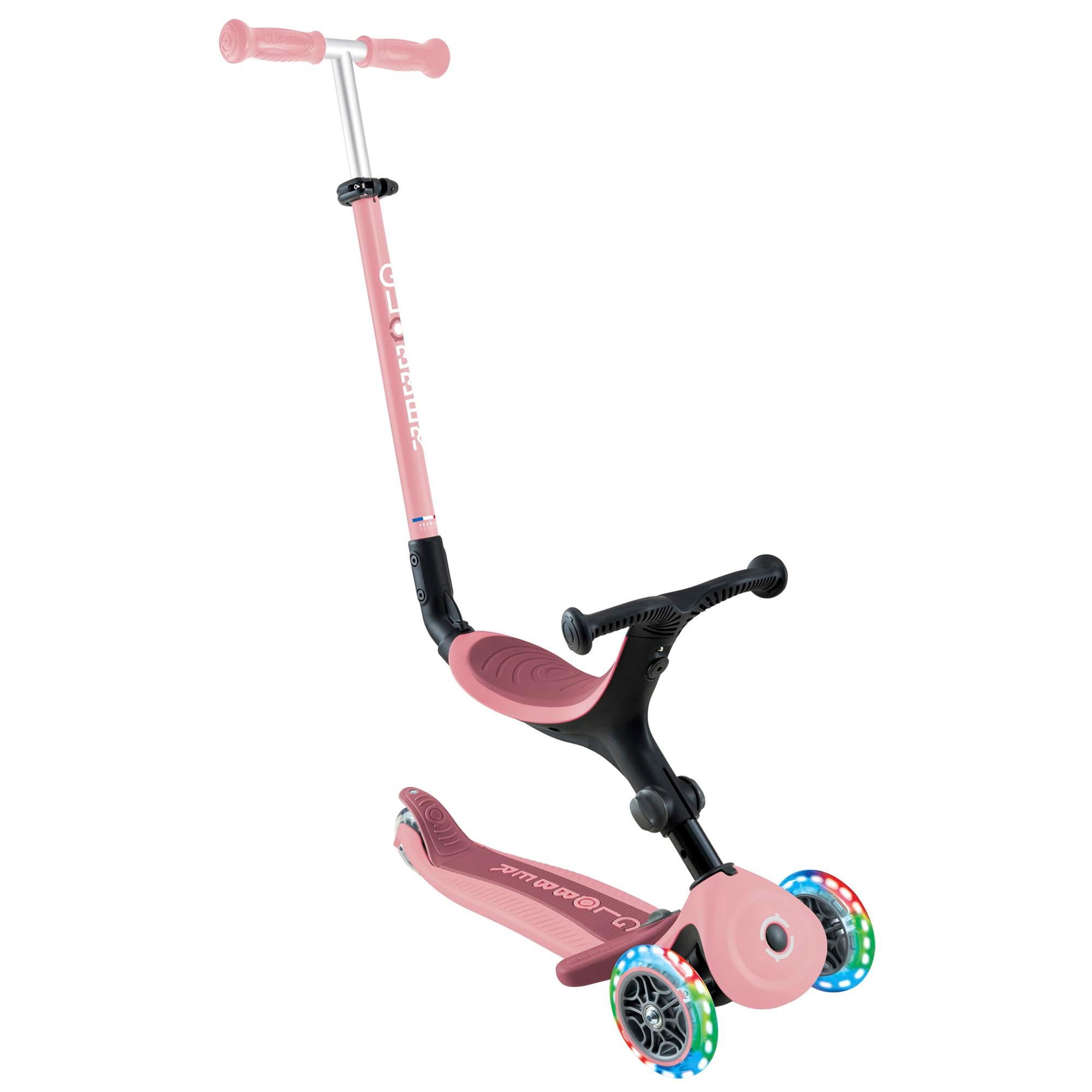 GLOBBER GO-UP Active Lights 3in1 – Tretroller, Dreirad und Laufrad für Kinder – höhenverstellbares Kinderfahrzeug – 3rädrig bis 7 Jahre – Bunte LED-Leuchtrollen - pastellrosa-rosa