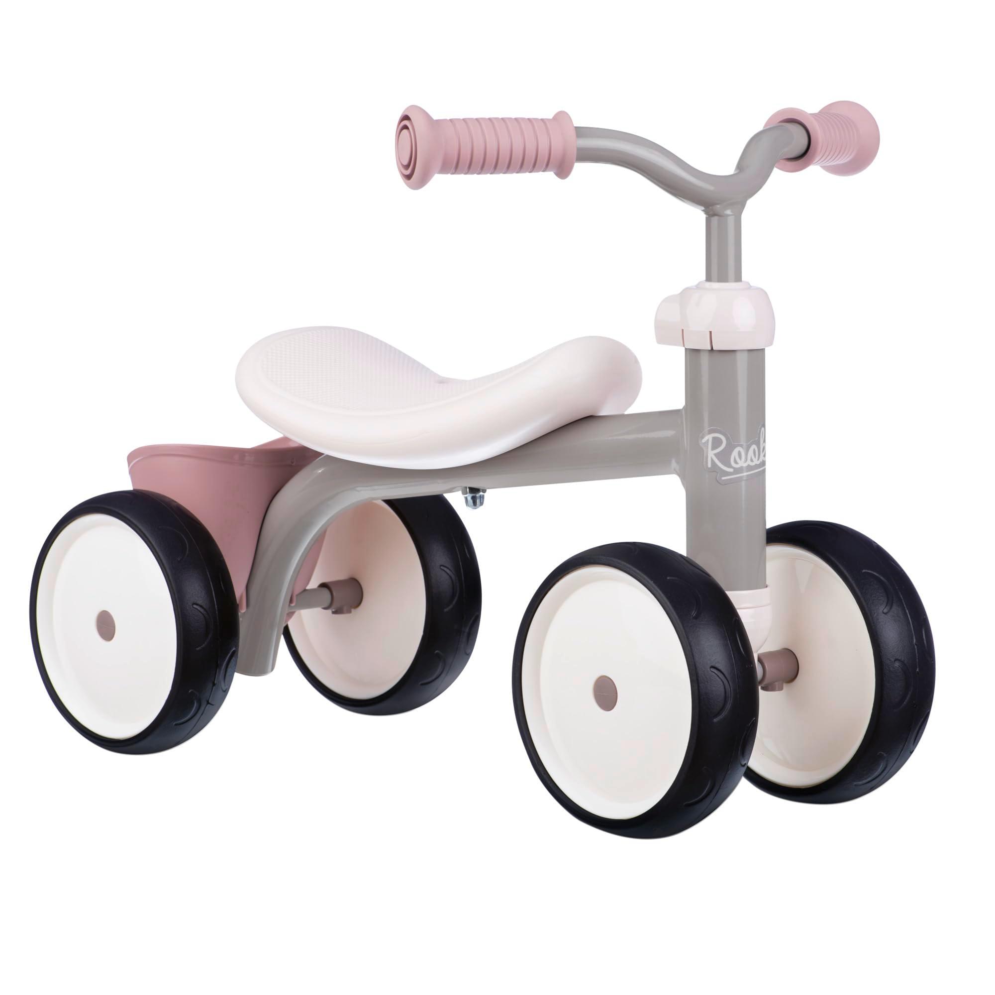 Smoby - Rookie Laufrad Rose – ideale Lauflernhilfe für Kinder ab 12 Monaten, Lauflernrad mit Spielzeug-Korb, Retro Design