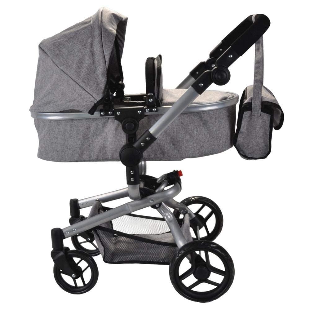 Bandits & Angels Puppenwagen Grau Modern Angel 2in1 Grau ab 3 Jahren – Puppenwagen – Für Mädchen – Verstellbare Schiebestange 48-81 cm – Komplett zusammenklappbar – Mit Einkaufskorb