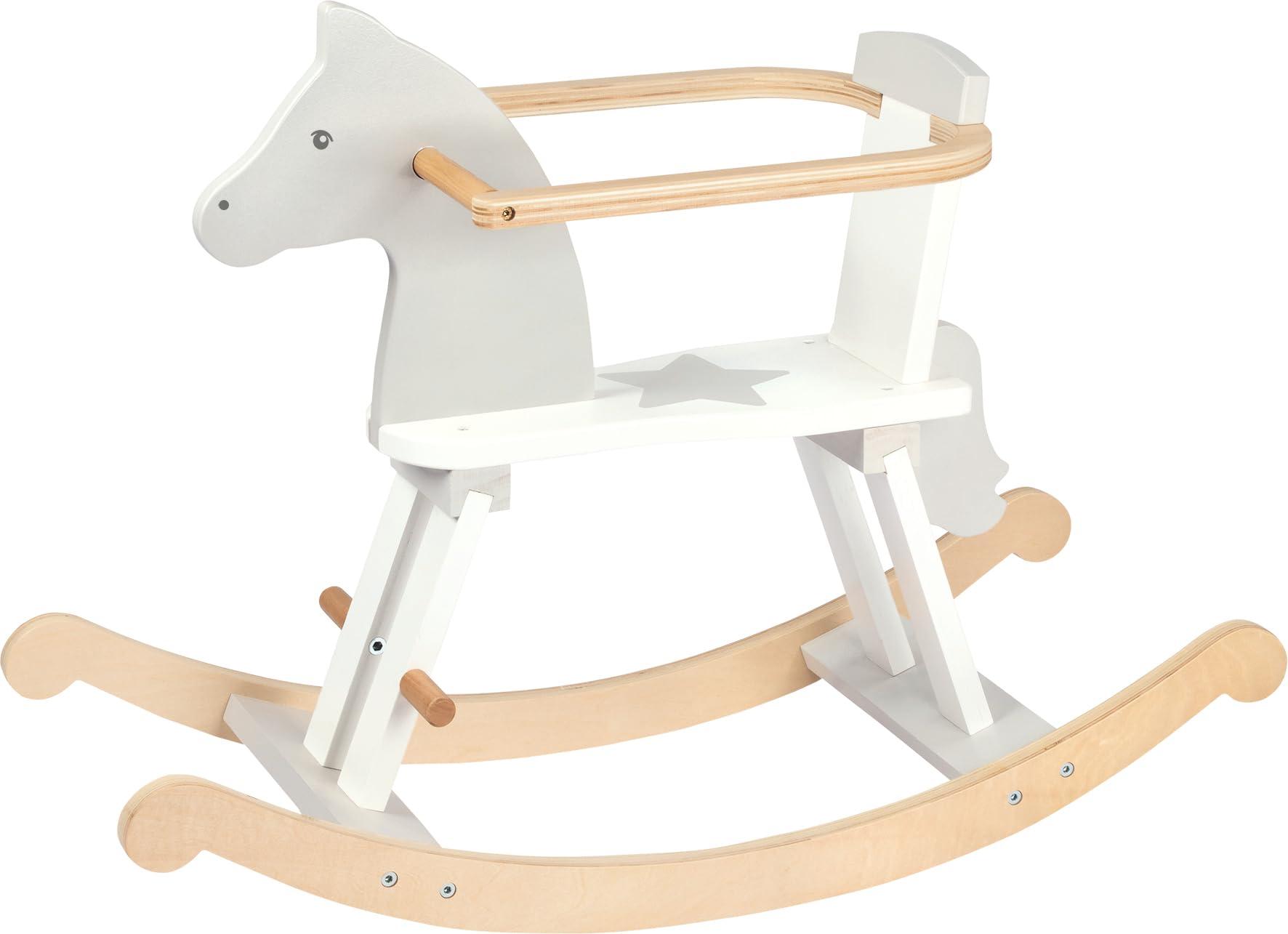 goki 53933 - Schaukelpferd aus Holz, inklusive Pferdekopf und Stern in Grau, 25kg belastbar und optimale Sitzhöhe mit 30cm, Rückenlehne & Seitenteile mit enthalten, Maße 78 x 30 x 57cm, ab 1 Jahr