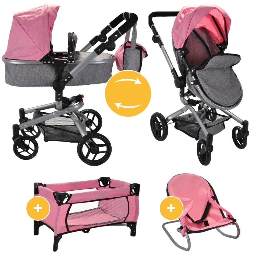 Bandits and Angels Moderner Angel 4-in-1 Softpink Megapack Puppenwagen ab 3 Jahren für Mädchen – Spielzeug-Kinderwagen, Buggy, Puppenbett und Wippe – Rollen – mit Wickeltasche – Puppenwagen Hellrosa