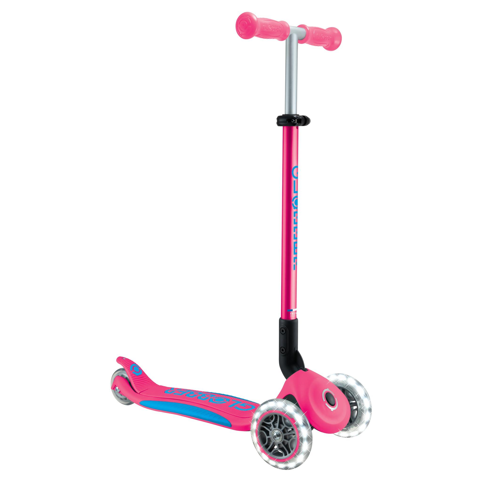 GLOBBER Primo Foldable Plus Lights Roller – Tretroller Kinder ab 3 Jahre - Scooter 120/80 mm - ABEC 5, 3-rädrig mit LED Rollen – höhenverstellbar – pink-hellblau