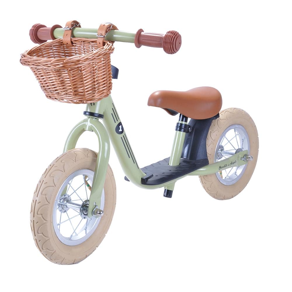 Bandits & Angels Laufrad aus Metall mit Weidenkorb Retro Grün mit Trittbrett ab 2 Jahren – Grünes Lauflernrad – Verstellbarer Sattel 29 bis 39 cm – Für Jungen und Mädchen – Niedriger Einstieg