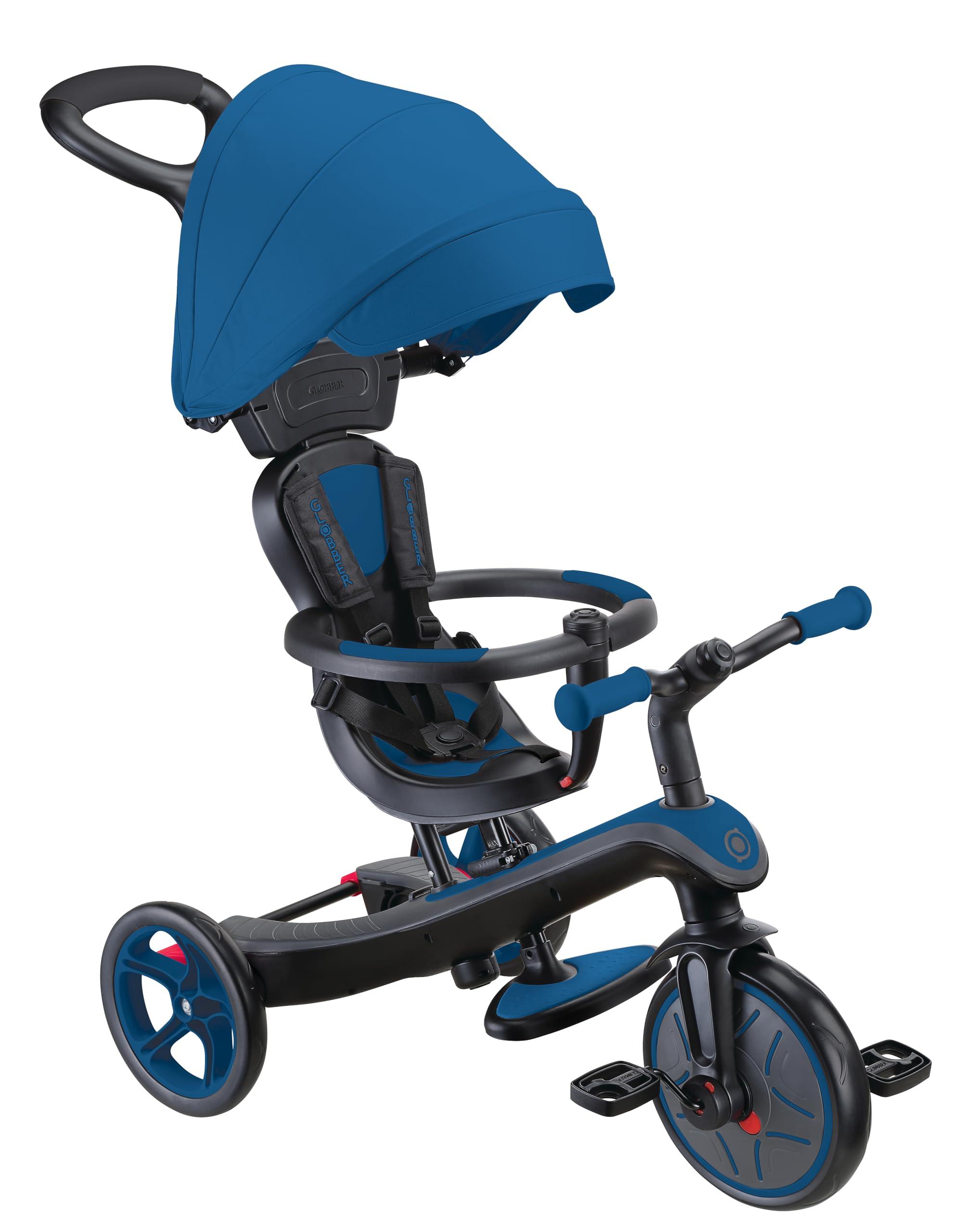 GLOBBER Explorer Trike 4in1 Pro in Blau – Dreirad, Laufrad und Kinderwagen in 10/8,5 Zoll – TPR-Sitz – höhenverstellbares Kinderfahrzeug
