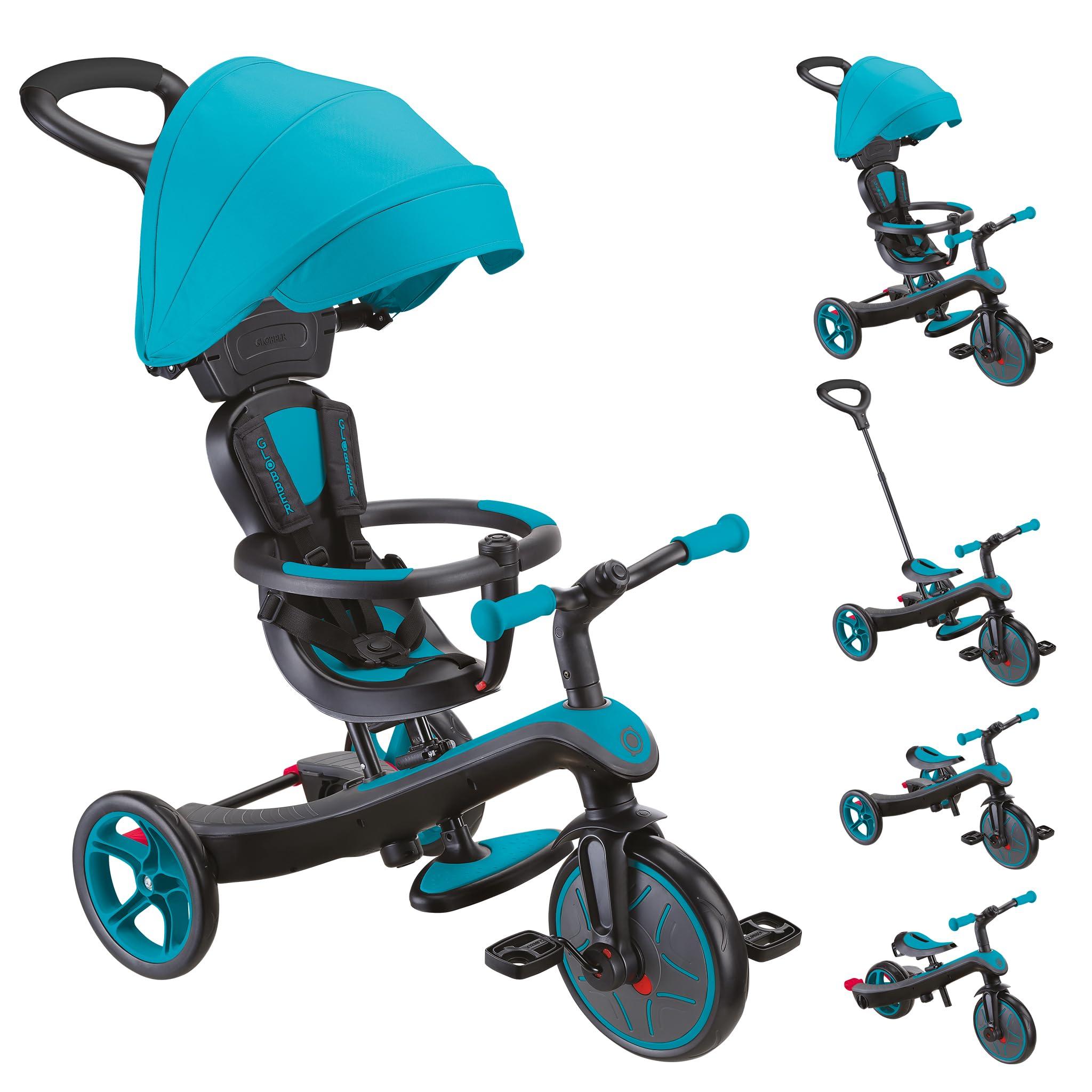GLOBBER Explorer Trike 4in1 Pro in Türkis – Dreirad, Laufrad und Kinderwagen in 10/8,5 Zoll – TPR-Sitz – höhenverstellbares Kinderfahrzeug