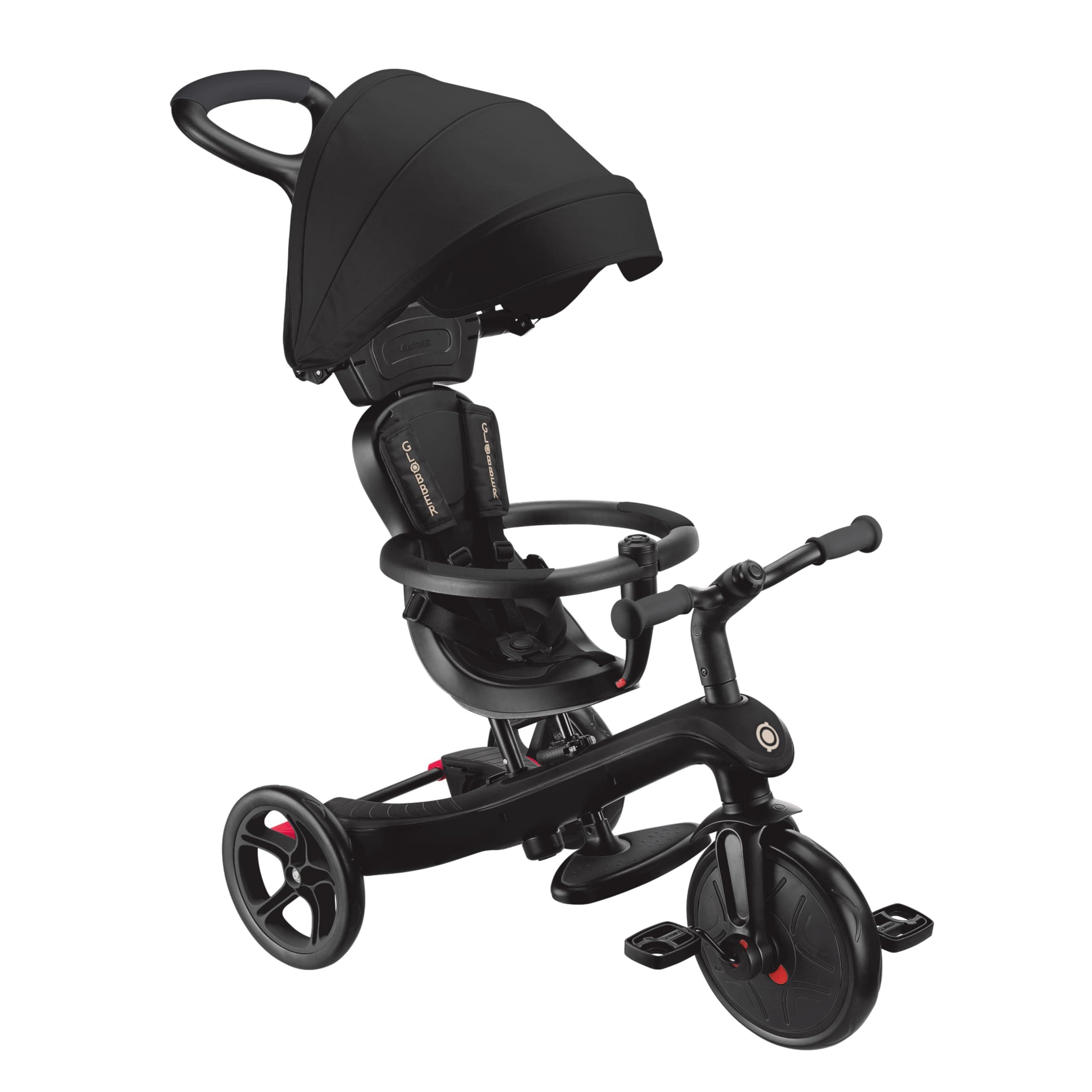 GLOBBER Explorer Trike 4in1 Pro in Schwarz – Dreirad, Laufrad und Kinderwagen in 10/8,5 Zoll – TPR-Sitz – höhenverstellbares Kinderfahrzeug