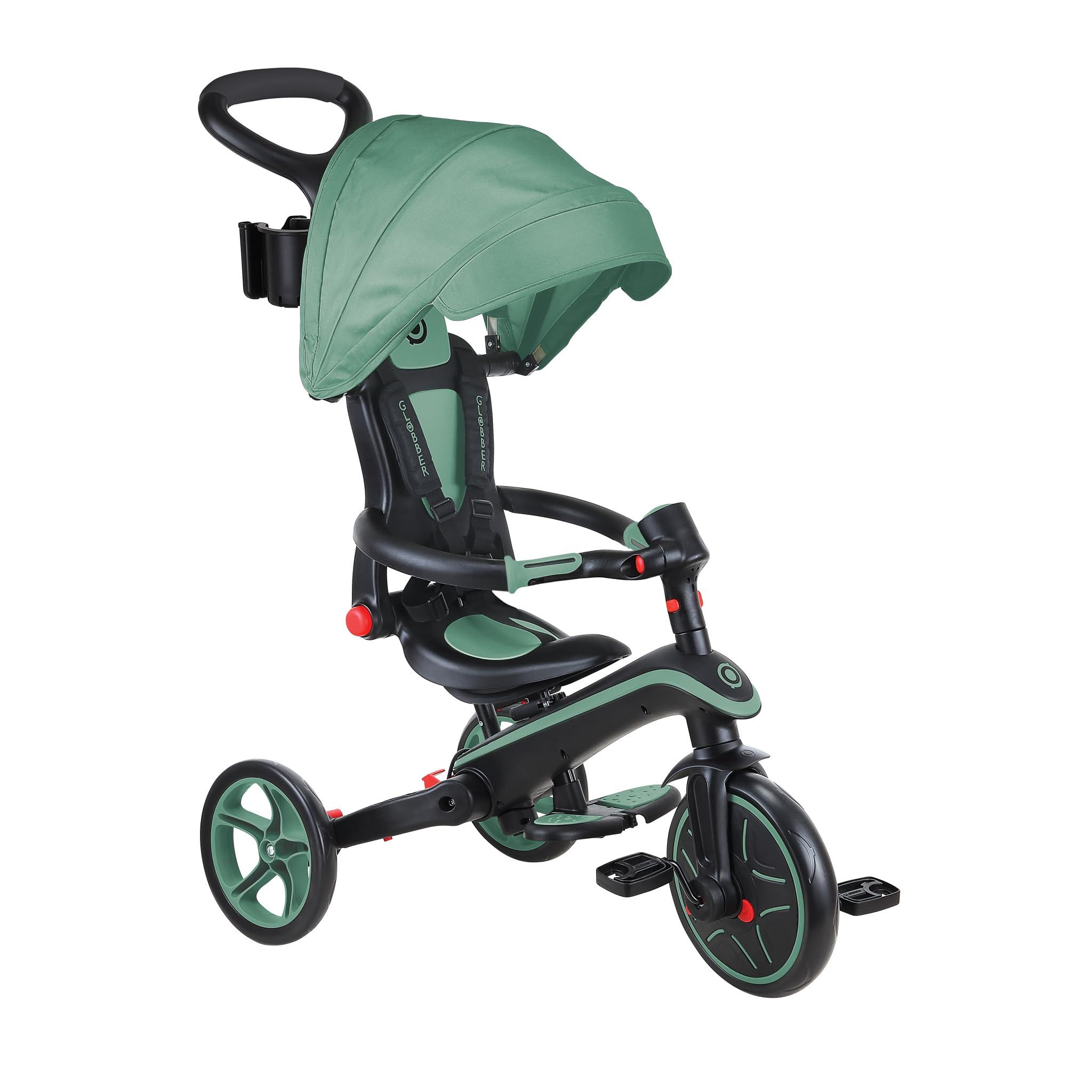 GLOBBER Explorer Trike Foldable 4in1 - Oliv grün - Dreirad, Laufrad und Kinderwagen in 10/8,5 Zoll - TPR-Sitz - höhenverstellbares Kinderfahrzeug
